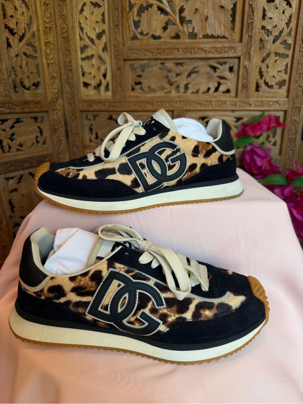 Dolce & Gabbana Leopard Suede-Trim Women's Sneaker - Black & Tan - Picture 2 of 11